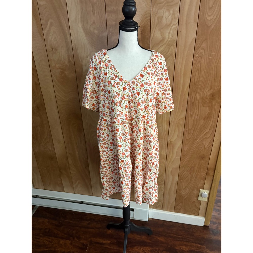 Old Navy Women Large Orange Floral Tiered Swing Dress V-Neck Short Sleeve L